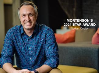 Portrait of Nathan Copley with text that reads "Mortenson's 2024 Star Award Nathan Copley"